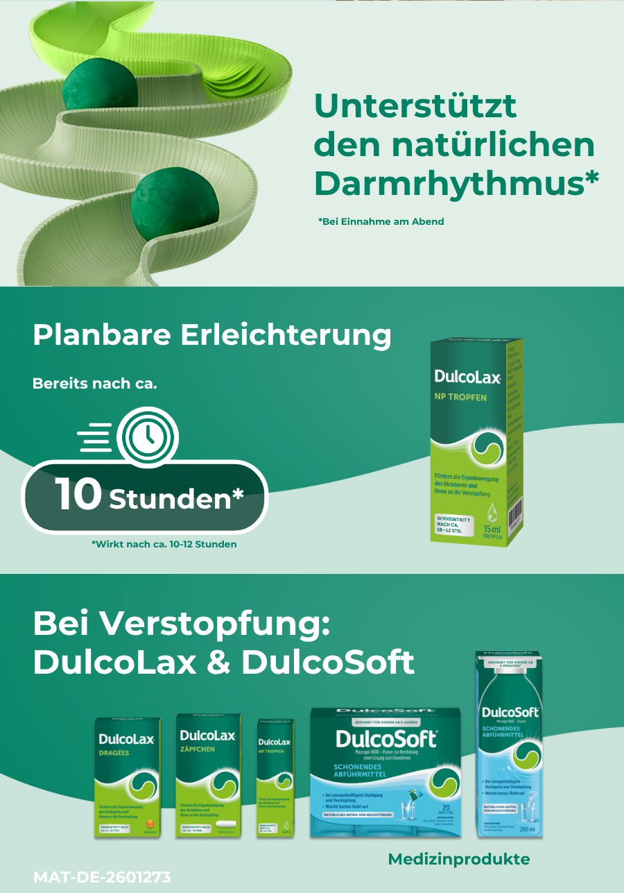 Text: Unterstützt den natürlichen Darmrhythmus. Abbildung von grünen Kugeln in einer spiralförmigen Bahn. DulcoLax.